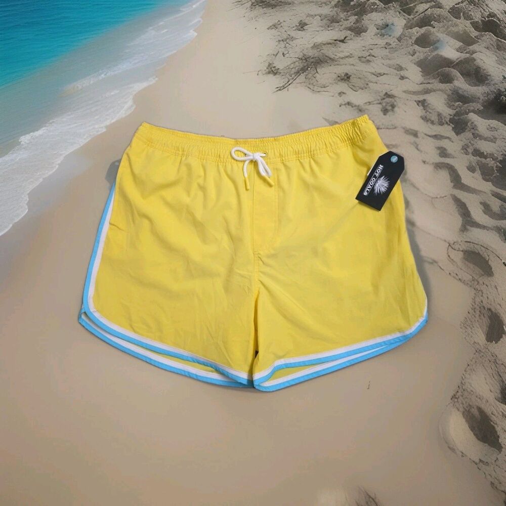 Hot Coals Men’s Swim Shorts L Yellow Quick Dry UPF 50 Side Pocket Mesh‎ Lined